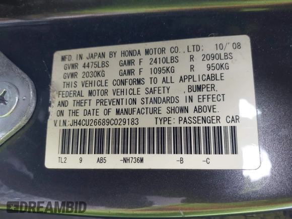 2009 Acura TSX with VIN JH4CU26689C029183, listed as a IAAI auction lot 41752509 with 169,872 mi miles. Bid and sale history available at carsss.com. Image 9.