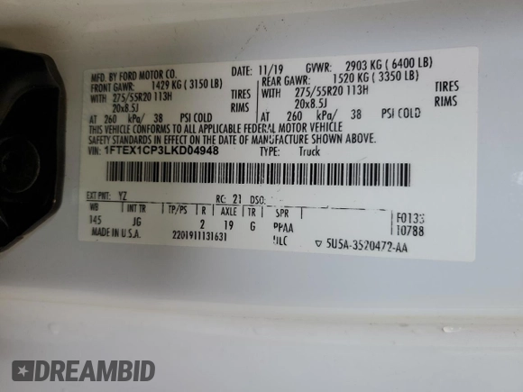 2020 Ford F-150 XL with VIN 1FTEX1CP3LKD04948, listed as a Copart auction lot 48978535 with 183,465 mi miles and Clean Title. Bid and sale history available at DreamBid. Image 12.
