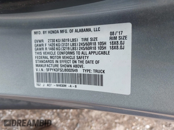 2018 Honda Ridgeline RTL with VIN 5FPYK3F52JB002649, listed as a IAAI auction lot 42338360 with 68,802 mi miles and . Bid and sale history available at DreamBid. Image 9.
