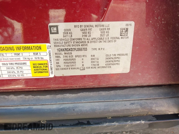 2015 Chevrolet Traverse LT with VIN 1GNKRGKD7FJ366703, listed as a IAAI auction lot 42397942 with 183,557 mi miles and . Bid and sale history available at DreamBid. Image 9.