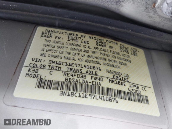2007 Nissan Versa SL with VIN 3N1BC11E97L410876, listed as a IAAI auction lot 42266271 with 145,571 mi miles and . Bid and sale history available at DreamBid. Image 9.