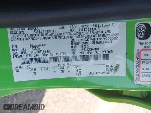 2014 Ford Fiesta Titanium z VIN 3FADP4FJ7EM203322, wystawiony jako IAAI lot #42448840 z przebiegiem 91 901 mil mil oraz . Historia ofert i sprzedaży dostępna na DreamBid. Obrazek 9.
