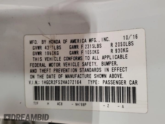 2017 Honda Accord Sedan Sport with VIN 1HGCR2F52HA072164, listed as a Copart auction lot 47769875 with 112,624 mi miles and Non Repairable. Bid and sale history available at carsss.com. Image 14.