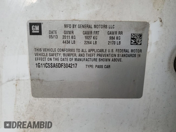 2013 Chevrolet Malibu LT with VIN 1G11C5SA6DF304217, listed as a Copart auction lot 50399735 with 215,450 mi miles and Salvage Title. Bid and sale history available at DreamBid. Image 12.