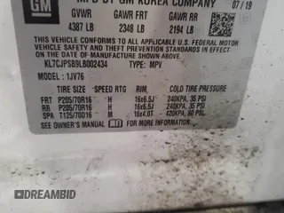2020 Chevrolet Trax LT z VIN KL7CJPSB9LB002434, wystawiony jako Copart lot #57963955 z przebiegiem 44 090 mil mil oraz Szkoda całkowita • Salvage title. Historia ofert i sprzedaży dostępna na DreamBid. Obrazek 13.