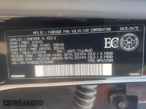 2012 Volvo XC70 T6 with VIN YV4902BZ7C1142890, listed as a Copart auction lot 61232062 with 124,365 mi miles and Salvage Title. Bid and sale history available at DreamBid. Image 10.