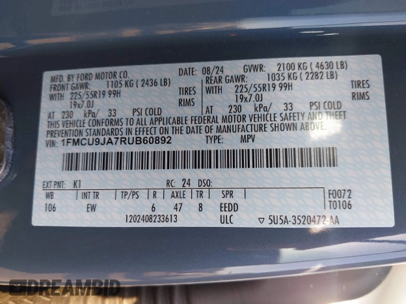 2024 Ford Escape Platinum with VIN 1FMCU9JA7RUB60892, listed as a IAAI auction lot 41918120 with 3,308 mi miles and . Bid and sale history available at DreamBid. Image 9.