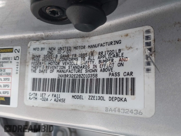 2008 Toyota Corolla CE with VIN 1NXBR32E28Z010358, listed as a IAAI auction lot 41909753 with 117,786 mi miles and . Bid and sale history available at DreamBid. Image 9.
