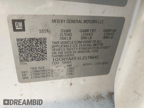 2020 Chevrolet Silverado 1500 Work Truck with VIN 1GCRYAEF1LZ176641, listed as a IAAI auction lot 42223304 with 50,972 mi miles and . Bid and sale history available at DreamBid. Image 9.