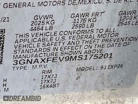2021 Chevrolet Equinox LS z VIN 3GNAXFEV9MS175201, wystawiony jako IAAI lot #42495755 z przebiegiem 114 474 mil mil oraz . Historia ofert i sprzedaży dostępna na DreamBid. Obrazek 13.