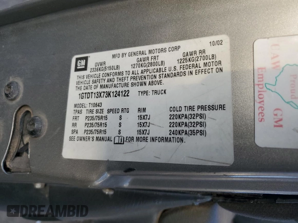 2003 GMC Sonoma SLS with VIN 1GTDT13X73K124122, listed as a Copart auction lot 77460223 with 205,208 mi miles and Non Repairable. Bid and sale history available at DreamBid. Image 12.