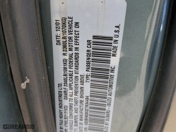 2002 Subaru Legacy Wagon Outback H6 L.L. Bean Edition with VIN 4S3BH806X27634494, listed as a Copart auction lot 64315574 with 169,274 mi miles and Non Repairable. Bid and sale history available at carsss.com. Image 12.