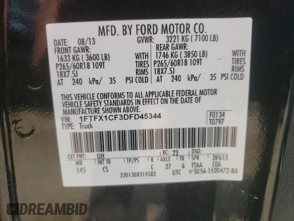 2013 Ford F-150 XL with VIN 1FTFX1CF3DFD45344, listed as a Copart auction lot 71118294 with 151,802 mi miles and Salvage title. Bid and sale history available at DreamBid. Image 12.