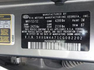 2012 Kia Optima LX with VIN 5XXGM4A71CG082202, listed as a IAAI auction lot 42046876 with Not Provided miles and . Bid and sale history available at carsss.com. Image 9.