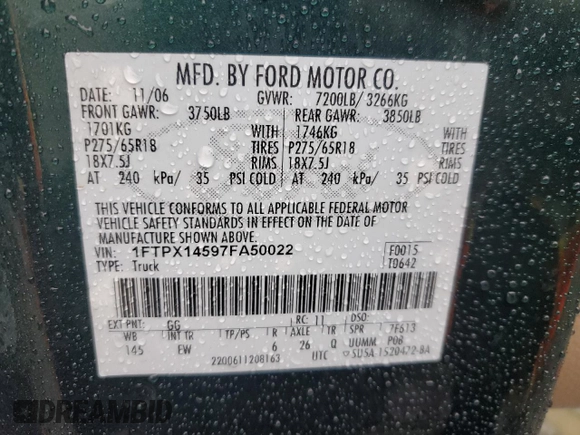 2007 Ford F-150 XLT with VIN 1FTPX14597FA50022, listed as a Copart auction lot 56329335 with 139,500 mi miles and Salvage title. Bid and sale history available at DreamBid. Image 12.
