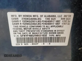 2009 Honda Pilot EX-L with VIN 5FNYF48529B031032, listed as a Copart auction lot 53060365 with 209,608 mi miles and Salvage Title. Bid and sale history available at carsss.com. Image 13.