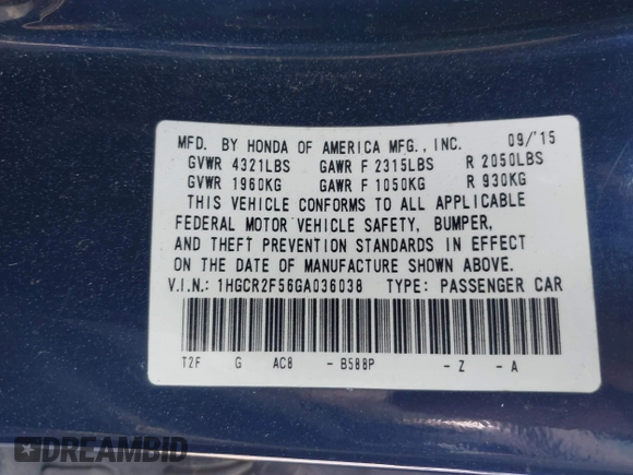 2016 Honda Accord Sport with VIN 1HGCR2F56GA036038, listed as a IAAI auction lot 41903011 with 240,792 mi miles and . Bid and sale history available at DreamBid. Image 9.