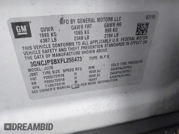 2015 Chevrolet Trax LS with VIN 3GNCJPSBXFL256473, listed as a IAAI auction lot 41130809 with 106,923 mi miles and . Bid and sale history available at DreamBid. Image 9.