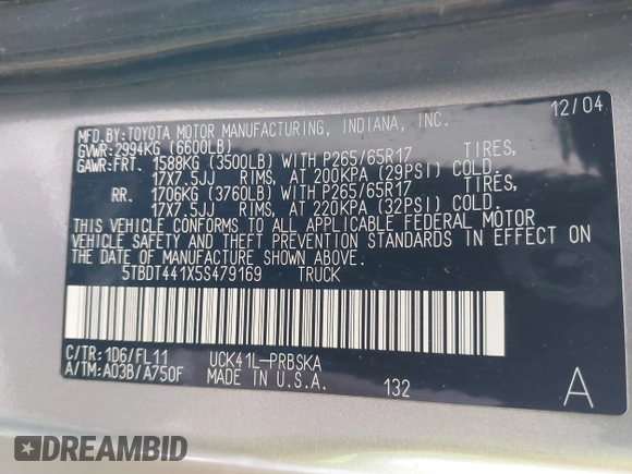 2005 Toyota Tundra SR5 with VIN 5TBDT441X5S479169, listed as a IAAI auction lot 42058790 with 323,936 mi miles and . Bid and sale history available at DreamBid. Image 9.