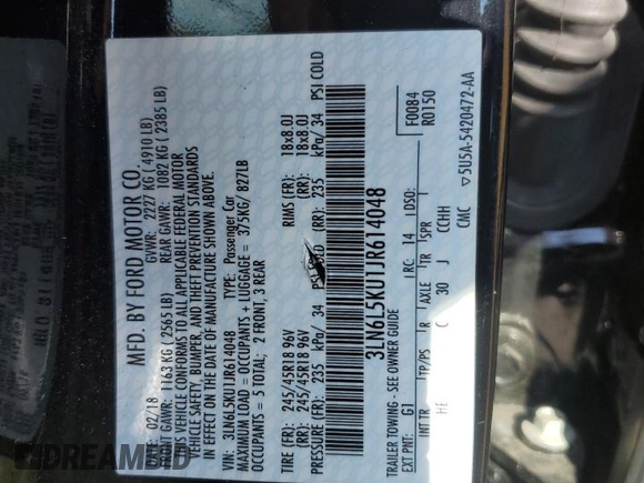 2018 Lincoln MKZ Hybrid Premiere with VIN 3LN6L5KU1JR614048, listed as a Copart auction lot 75610294 with 91,949 mi miles and Salvage title. Bid and sale history available at DreamBid. Image 12.