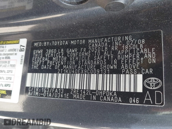 2009 Toyota Matrix z VIN 2T1KU40EX9C009131, wystawiony jako IAAI lot #42478822 z przebiegiem 177 305 mil mil oraz . Historia ofert i sprzedaży dostępna na DreamBid. Obrazek 9.