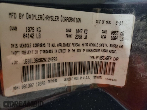 2002 Dodge Stratus SE with VIN 1B3EL36X82N124222, listed as a Copart auction lot 75369414 with 61,832 mi miles and Non Repairable. Bid and sale history available at DreamBid. Image 12.