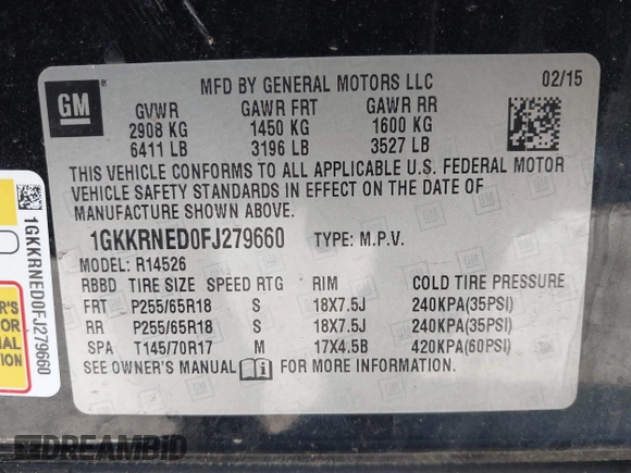 2015 GMC Acadia SLE with VIN 1GKKRNED0FJ279660, listed as a IAAI auction lot 41902710 with 114,316 mi miles and . Bid and sale history available at DreamBid. Image 9.