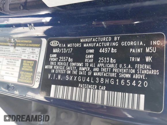 2017 Kia Optima EX с VIN 5XXGU4L38HG165420, выставлен на аукционе IAAI как лот 42389879 с пробегом Не указан миль и . История ставок и продаж доступна на DreamBid. Изображение 9.