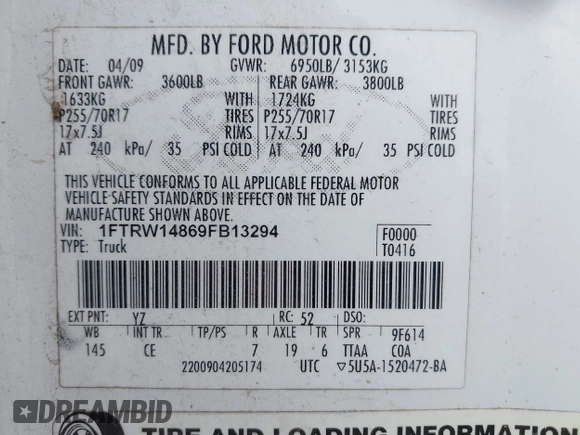 2009 Ford F-150 XL с VIN 1FTRW14869FB13294, выставлен на аукционе IAAI как лот 42100120 с пробегом 168 754 миль миль и . История ставок и продаж доступна на DreamBid. Изображение 9.