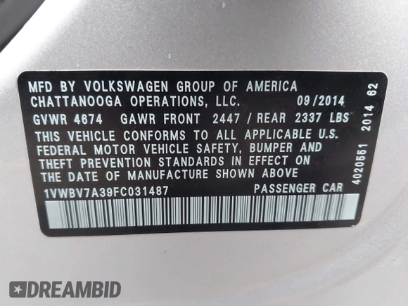 2015 Volkswagen Passat SE с VIN 1VWBV7A39FC031487, выставлен на аукционе IAAI как лот 41945088 с пробегом 171 742 миль миль и . История ставок и продаж доступна на DreamBid. Изображение 9.