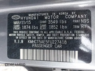 2015 Hyundai Accent GS with VIN KMHCT5AE5FU227418, listed as a IAAI auction lot 41960197 with 46,664 mi miles. Bid and sale history available at carsss.com. Image 9.