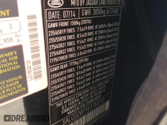 2014 Land Rover Range Rover HSE with VIN SALGS2WFXEA183210, listed as a Copart auction lot 61647805 with 144,525 mi miles and Clean title. Bid and sale history available at DreamBid. Image 13.