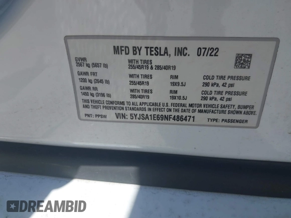 2022 Tesla Model S Plaid with VIN 5YJSA1E69NF486471, listed as a IAAI auction lot 41228818 with 49,207 mi miles and . Bid and sale history available at carsss.com. Image 9.