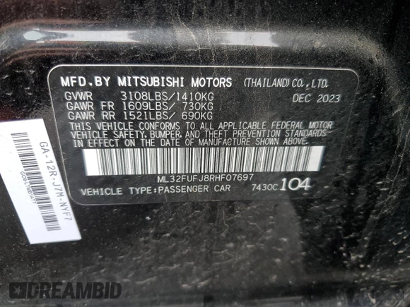 2024 Mitsubishi Mirage ES z VIN ML32FUFJ8RHF07697, wystawiony jako Copart lot #56628715 z przebiegiem 20 316 mil mil oraz Czysty tytuł • Clean title. Historia ofert i sprzedaży dostępna na DreamBid. Obrazek 12.