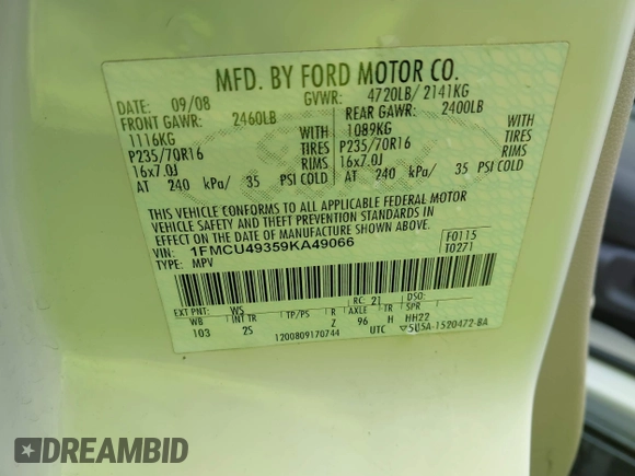 2009 Ford Escape Hybrid with VIN 1FMCU49359KA49066, listed as a IAAI auction lot 42419259 with 199,722 mi miles and . Bid and sale history available at DreamBid. Image 9.