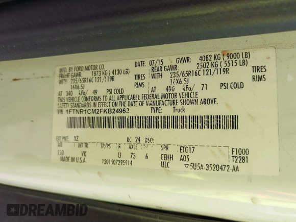 2015 Ford Transit Cargo with VIN 1FTNR1CM2FKB24963, listed as a IAAI auction lot 41455934 with 220,106 mi miles. Bid and sale history available at carsss.com. Image 9.