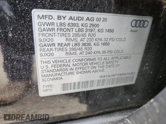 2021 Audi Q7 Premium with VIN WA1AJAF72MD015202, listed as a Copart auction lot 63579785 with 26,564 mi miles and Salvage title. Bid and sale history available at DreamBid. Image 13.