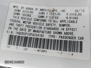 2015 Honda Accord Sedan LX with VIN 1HGCR2F33FA204165, listed as a IAAI auction lot 41631780 with 92,182 mi miles. Bid and sale history available at carsss.com. Image 9.