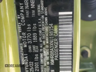 2022 Hyundai Venue SE с VIN KMHRB8A3XNU198154, выставлен на аукционе Copart как лот 56735175 с пробегом 23 835 миль миль и Списание • Salvage title. История ставок и продаж доступна на DreamBid. Изображение 12.