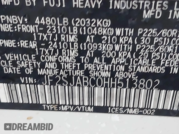 2017 Subaru Forester z VIN JF2SJABC0HH513802, wystawiony jako IAAI lot #42299726 z przebiegiem 168 715 mil mil oraz . Historia ofert i sprzedaży dostępna na DreamBid. Obrazek 9.
