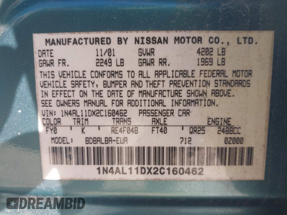2002 Nissan Altima S with VIN 1N4AL11DX2C160462, listed as a IAAI auction lot 41581995 with 93,145 mi miles. Bid and sale history available at carsss.com. Image 9.