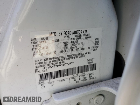 2008 Ford F-350 with VIN 1FTWW32R88ED70567, listed as a Copart auction lot 50434865 with Not provided miles and Clean title. Bid and sale history available at DreamBid. Image 12.