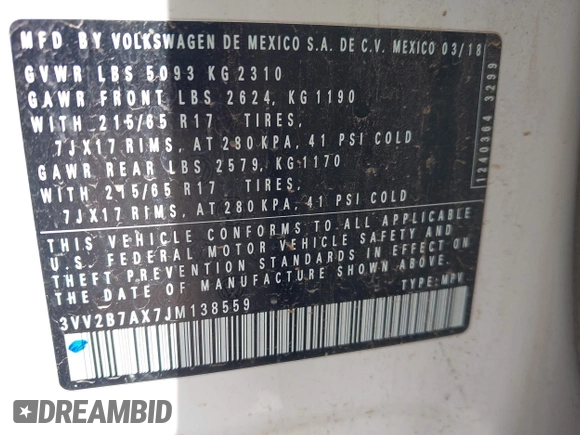 2018 Volkswagen Tiguan SEL с VIN 3VV2B7AX7JM138559, выставлен на аукционе IAAI как лот 42564565 с пробегом 74 602 миль миль и . История ставок и продаж доступна на DreamBid. Изображение 9.