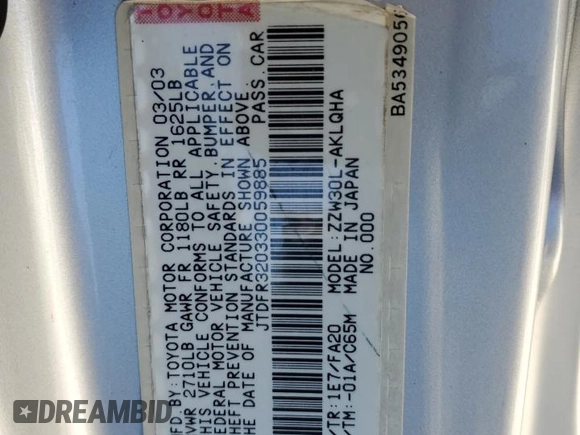 2003 Toyota MR2 z VIN JTDFR320330059885, wystawiony jako Copart lot #86158554 z przebiegiem 178 809 mil mil oraz Szkoda całkowita • Salvage title. Historia ofert i sprzedaży dostępna na DreamBid. Obrazek 14.