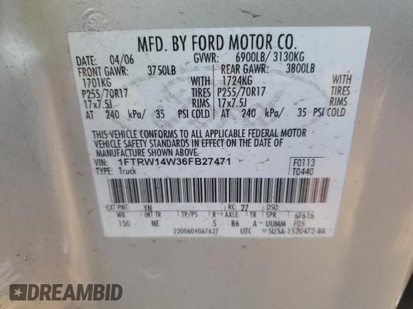 2006 Ford F-150 XLT with VIN 1FTRW14W36FB27471, listed as a Copart auction lot 82636184 with 337,389 mi miles and Clean Title. Bid and sale history available at carsss.com. Image 12.