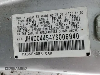 2000 Acura Integra LS with VIN JH4DC4454YS006940, listed as a Copart auction lot 54518205 with 191,509 mi miles and Salvage title. Bid and sale history available at DreamBid. Image 12.