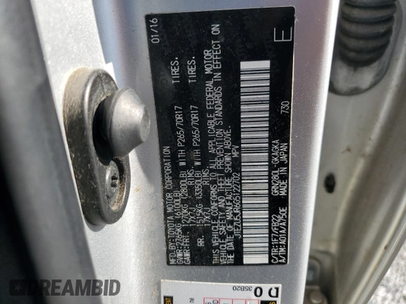 2016 Toyota 4Runner SR5 with VIN JTEZU5JR6G5122702, listed as a Copart auction lot 57997125 with 75,594 mi miles and Salvage title. Bid and sale history available at DreamBid. Image 13.