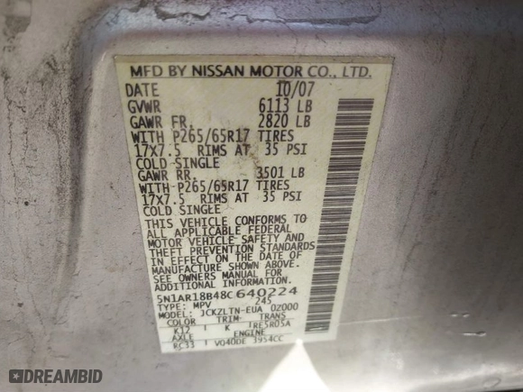 2008 Nissan Pathfinder SE with VIN 5N1AR18B48C640224, listed as a IAAI auction lot 41809613 with NaN miles. Bid and sale history available at carsss.com. Image 9.