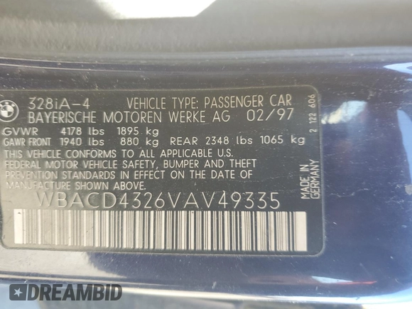 1997 BMW 3 Series 328iA with VIN WBACD4326VAV49335, listed as a Copart auction lot 42039834 with 0 mi miles and Non Repairable. Bid and sale history available at carsss.com. Image 12.