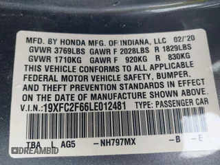 2020 Honda Civic LX z VIN 19XFC2F66LE012481, wystawiony jako IAAI lot #42297600 z przebiegiem 56 602 mil mil oraz . Historia ofert i sprzedaży dostępna na DreamBid. Obrazek 9.